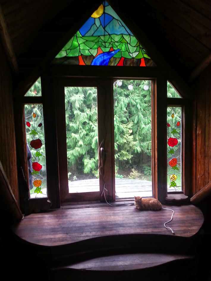 glass doorway with stained glass and a resting cat
